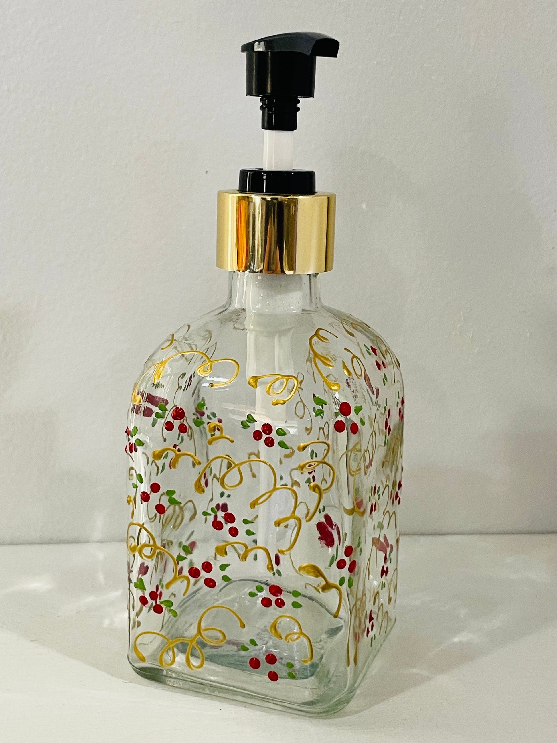 Hand Painted Red berry Holiday Soap Dispenser 8 oz Soap or Lotion dispenser