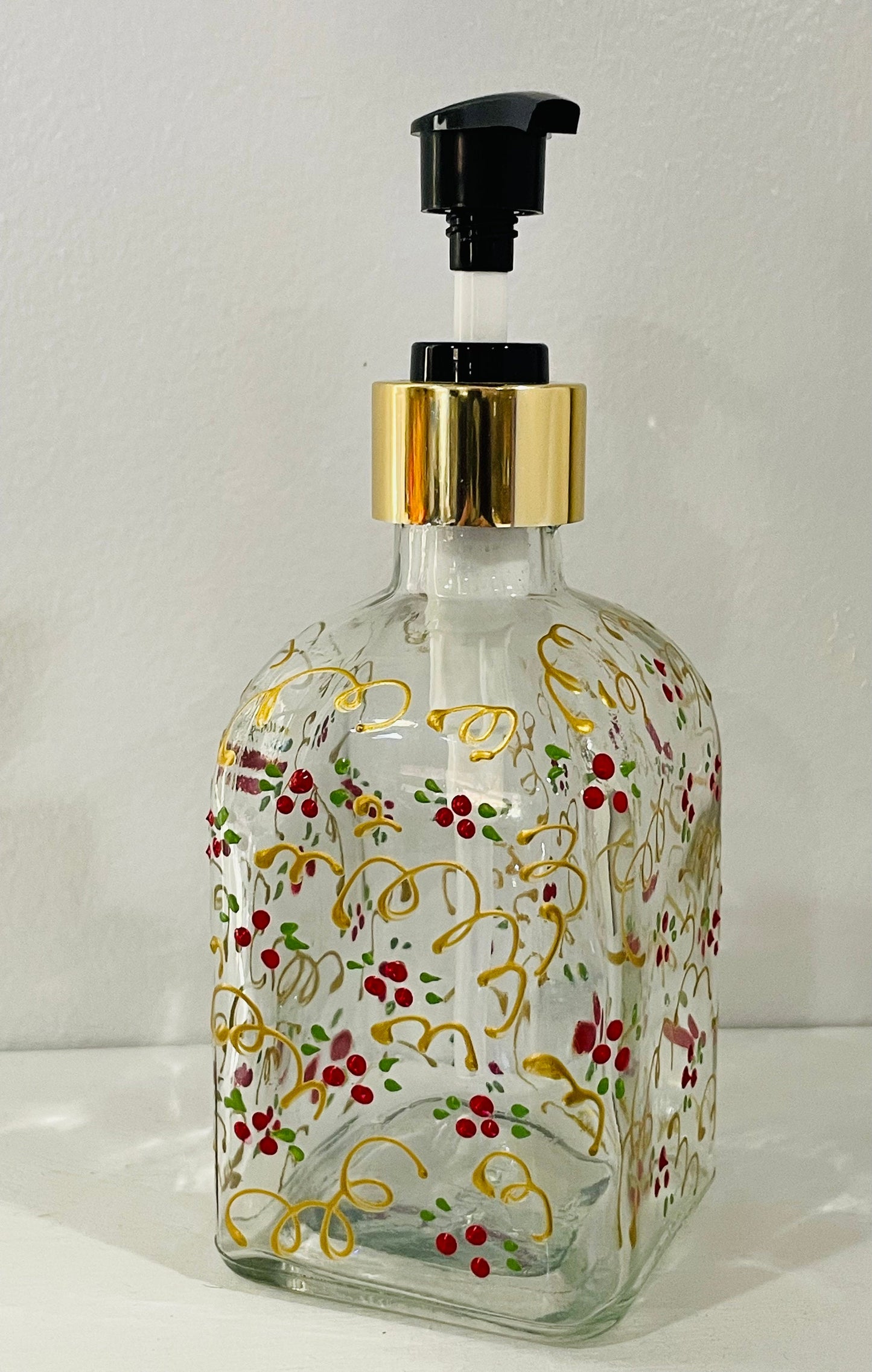 Hand Painted Red berry Holiday Soap Dispenser 8 oz Soap or Lotion dispenser