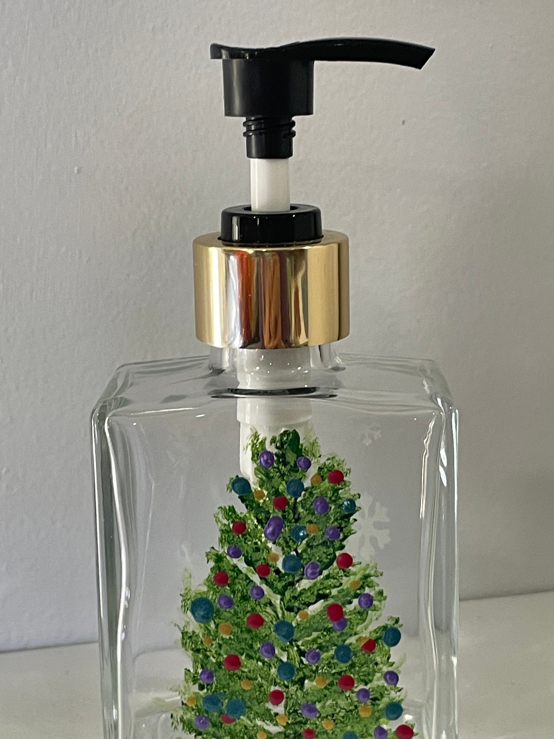 Christmas Tree 6 0z. Soap or lotion dispenser hand painted with multi-color decorations