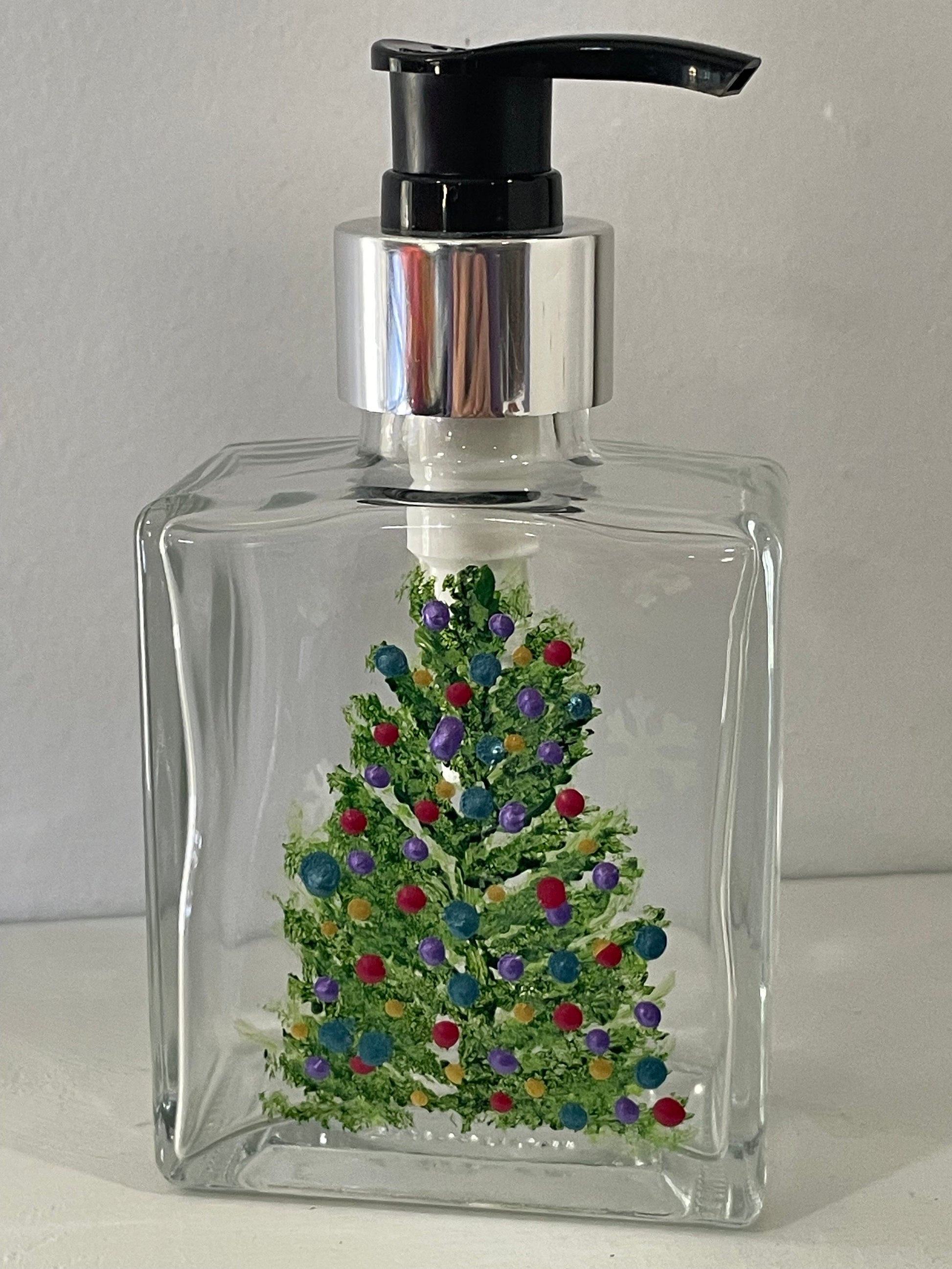 Christmas Tree 6 0z. Soap or lotion dispenser hand painted with multi-color decorations