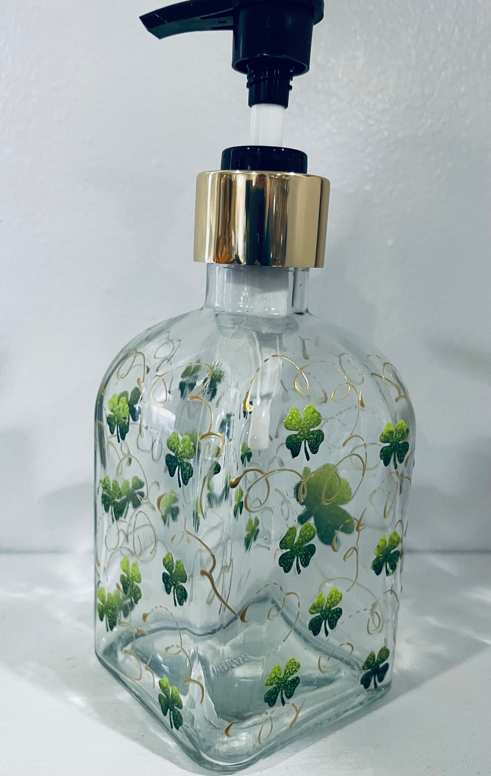 Hand Painted St Patricks Day Square 8 oz Soap Dispenser with Shamrocks