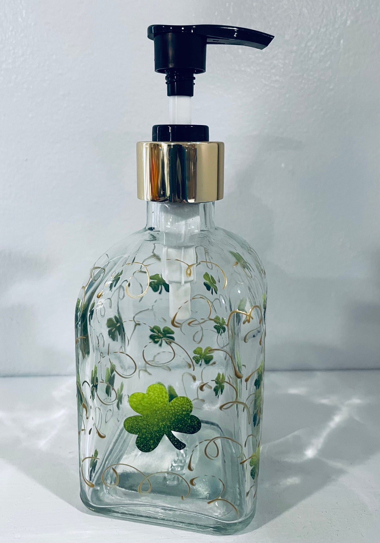 Hand Painted St Patricks Day Square 8 oz Soap Dispenser with Shamrocks