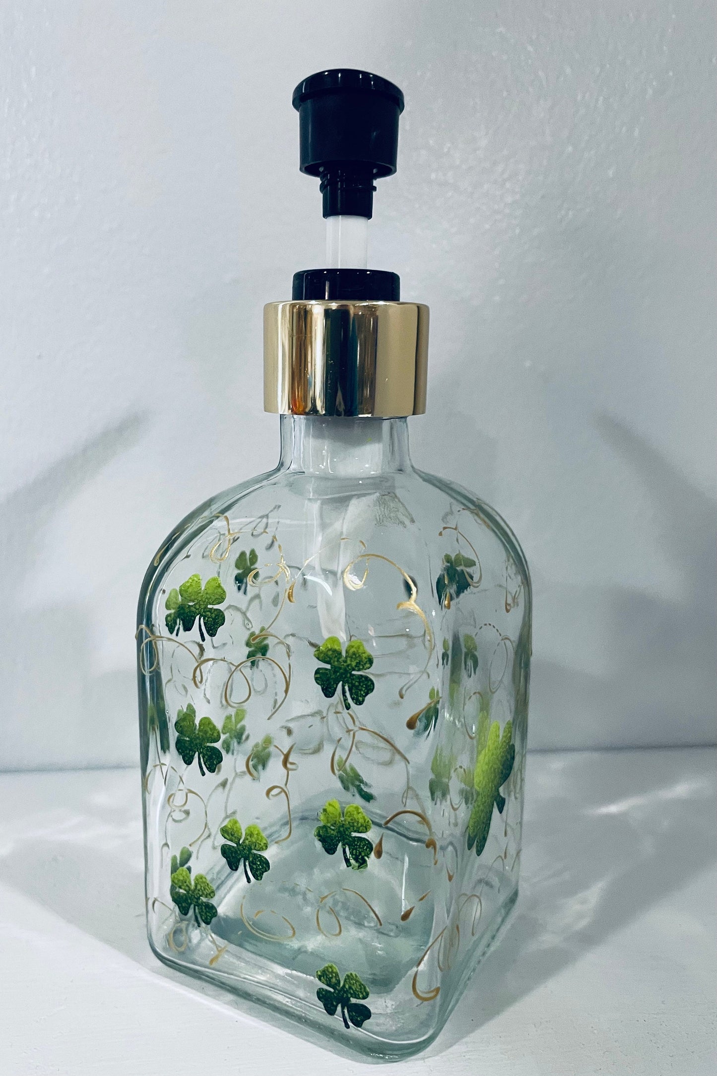 Hand Painted St Patricks Day Square 8 oz Soap Dispenser with Shamrocks