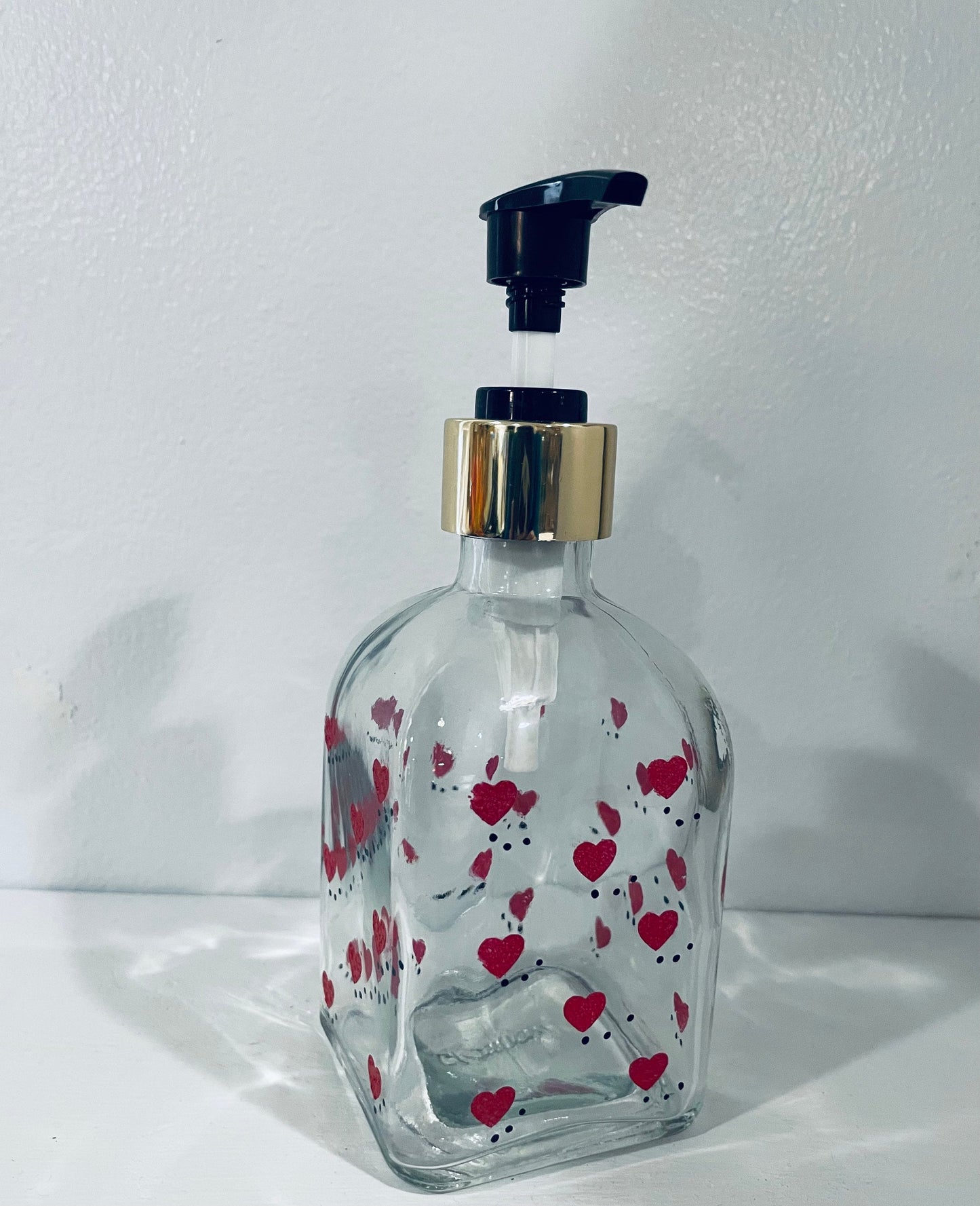 Hand Painted Valentines Day Soap Dispenser with hearts 8 oz square glass diapenser