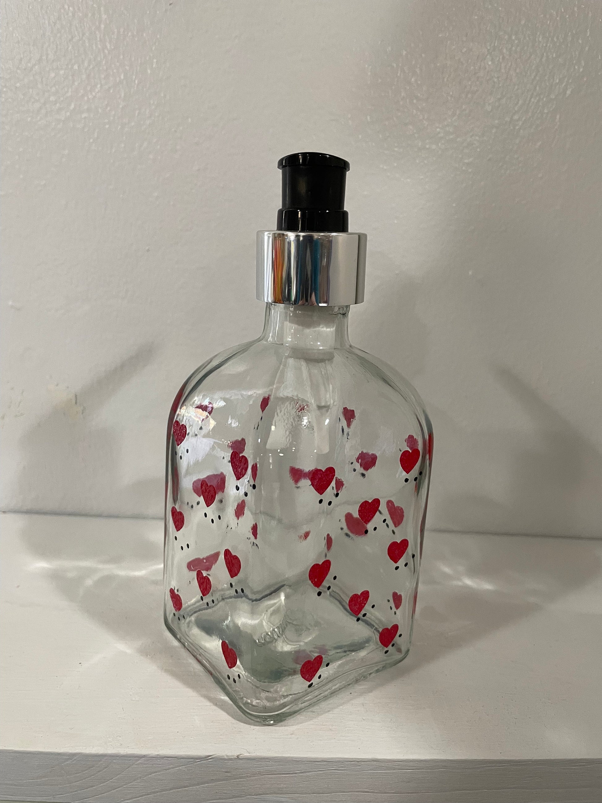 Hand Painted Valentines Day Soap Dispenser with hearts 8 oz square glass diapenser