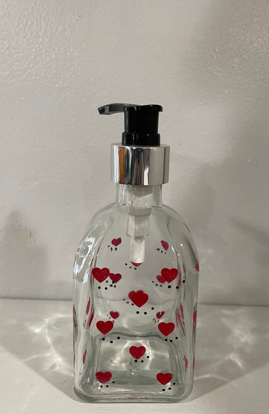 Hand Painted Valentines Day Soap Dispenser with hearts 8 oz square glass diapenser