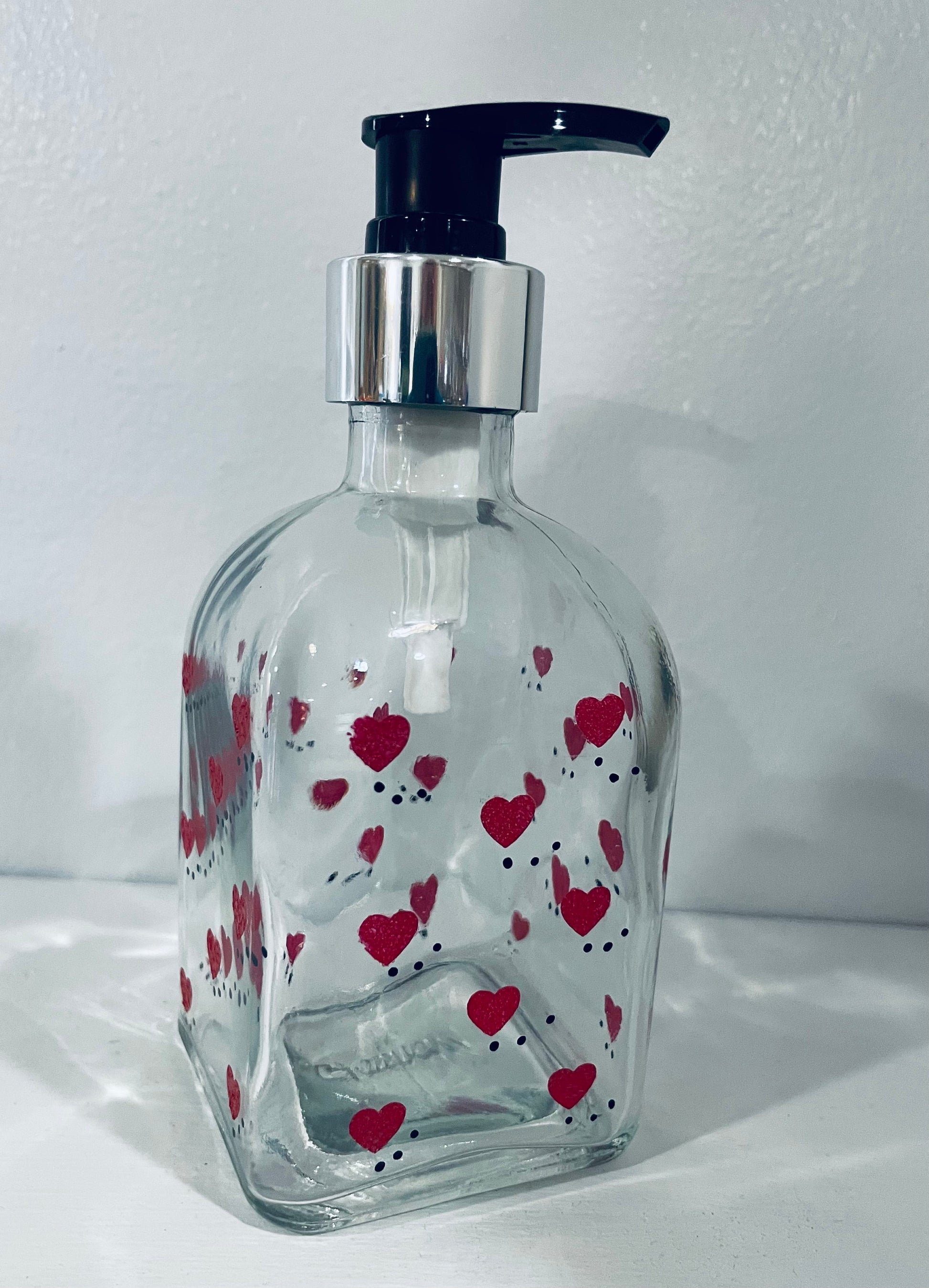 Hand Painted Valentines Day Soap Dispenser with hearts 8 oz square glass diapenser