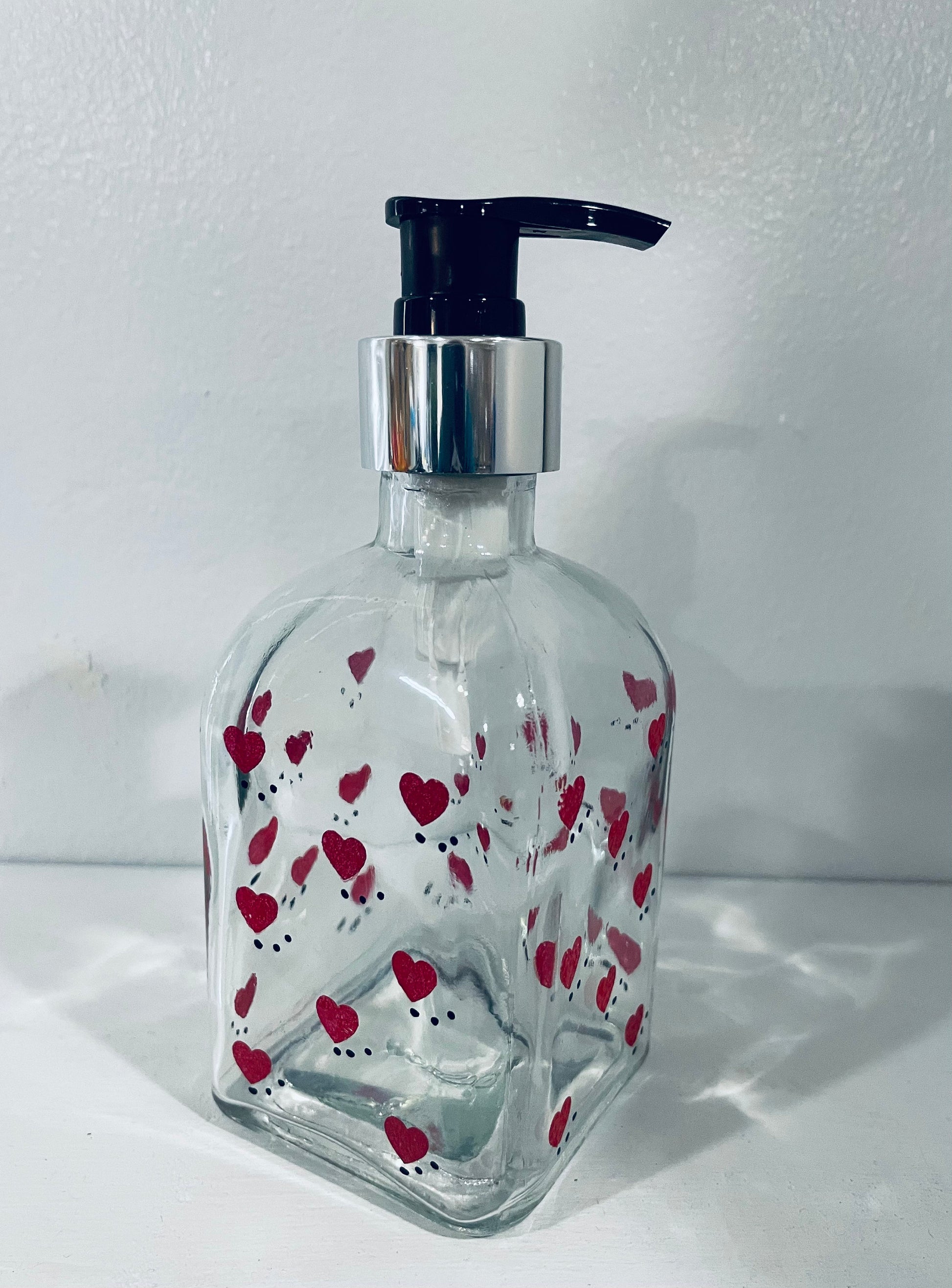 Hand Painted Valentines Day Soap Dispenser with hearts 8 oz square glass diapenser