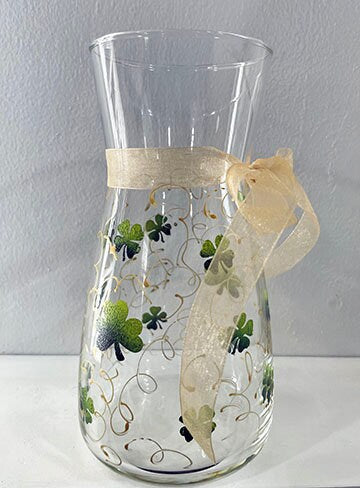 St. Patrick's Day Vase Hand Painted Green shamrocks and golden swirls