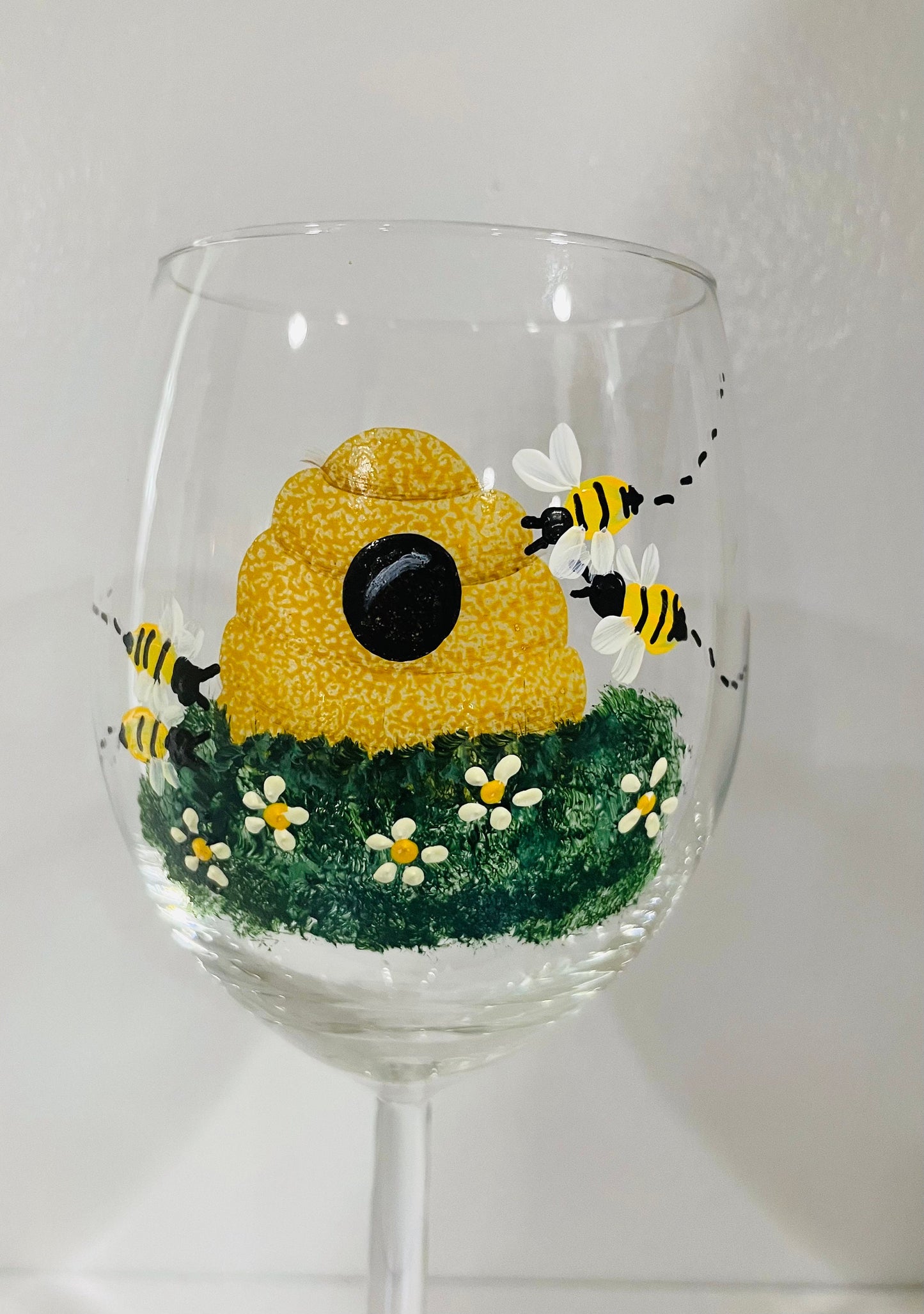 Wine glass Bee Hive and Bees 15 oz stemmed wine glass hand painted