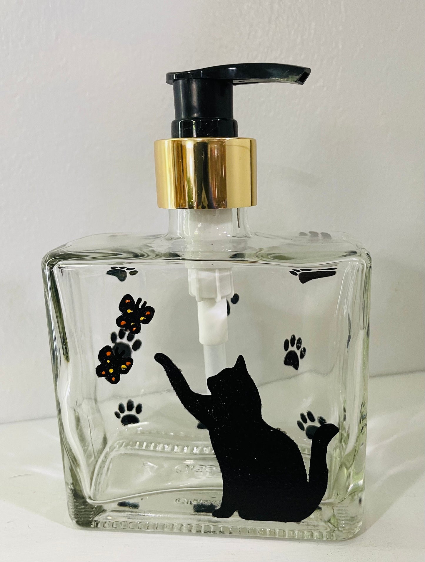 Cat Kitten with butterflies Soap Dispenser Refillable Bottle, Glass Bathroom Kitchen hand painted