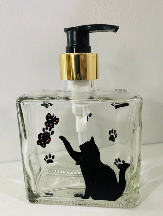 Cat Kitten with butterflies Soap Dispenser Refillable Bottle, Glass Bathroom Kitchen hand painted