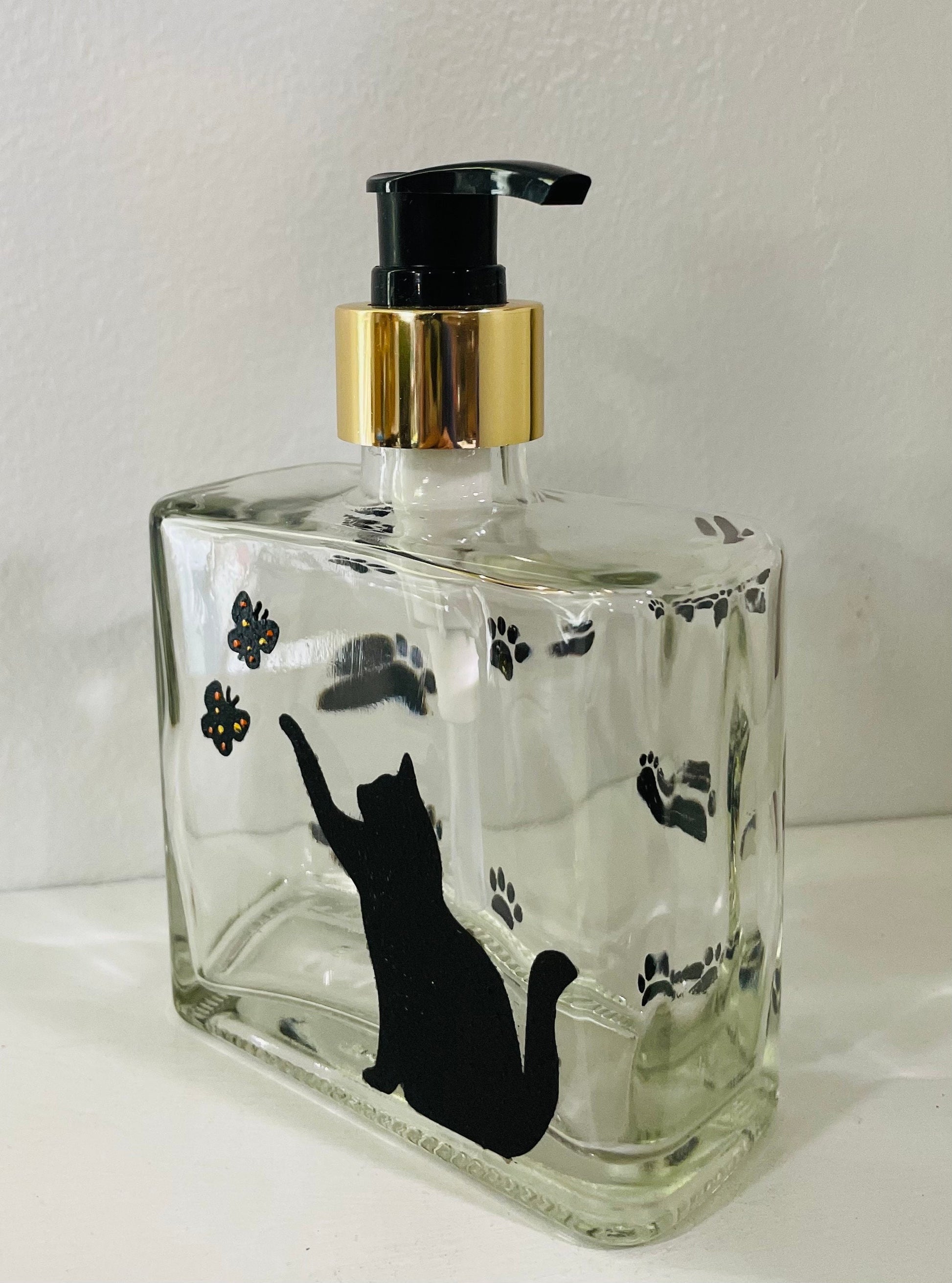 Cat Kitten with butterflies Soap Dispenser Refillable Bottle, Glass Bathroom Kitchen hand painted