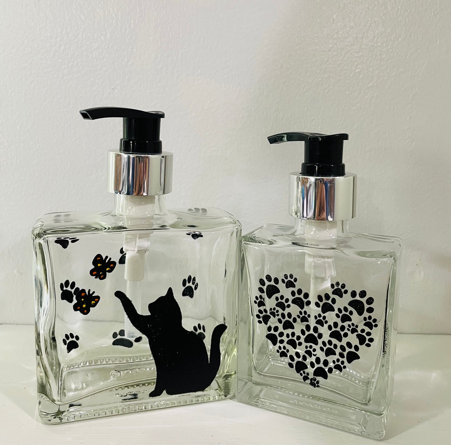 Gift set Cat Kitten and butterflies soap or lotion dispenser plus 5 oz heart of paws dispenser Glass refillable hand painted