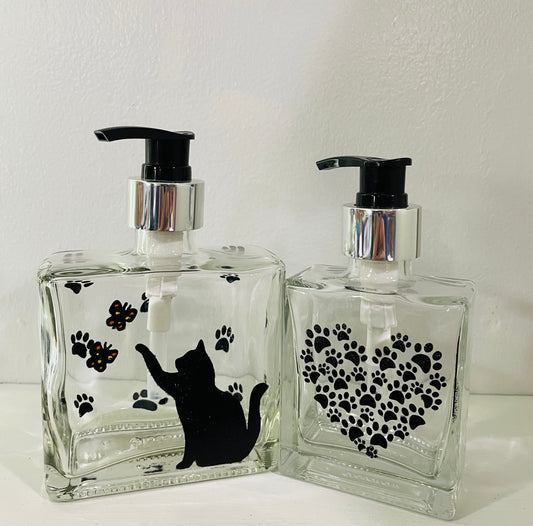 Gift set Cat Kitten and butterflies soap or lotion dispenser plus 5 oz heart of paws dispenser Glass refillable hand painted