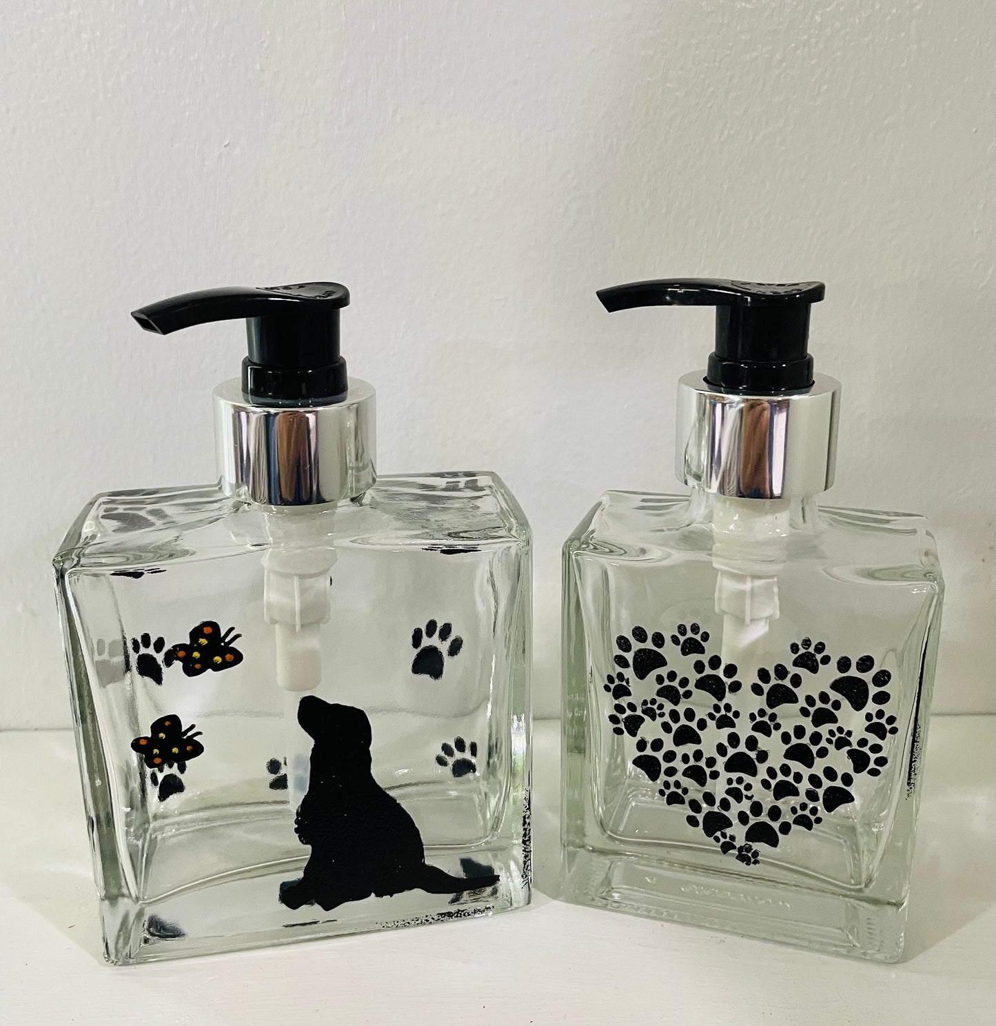 Gift set Dog with butterflies Soap Dispenser plus 5 oz paw print dispenser Refillable Bottle, Glass Bathroom Kitchen hand painted