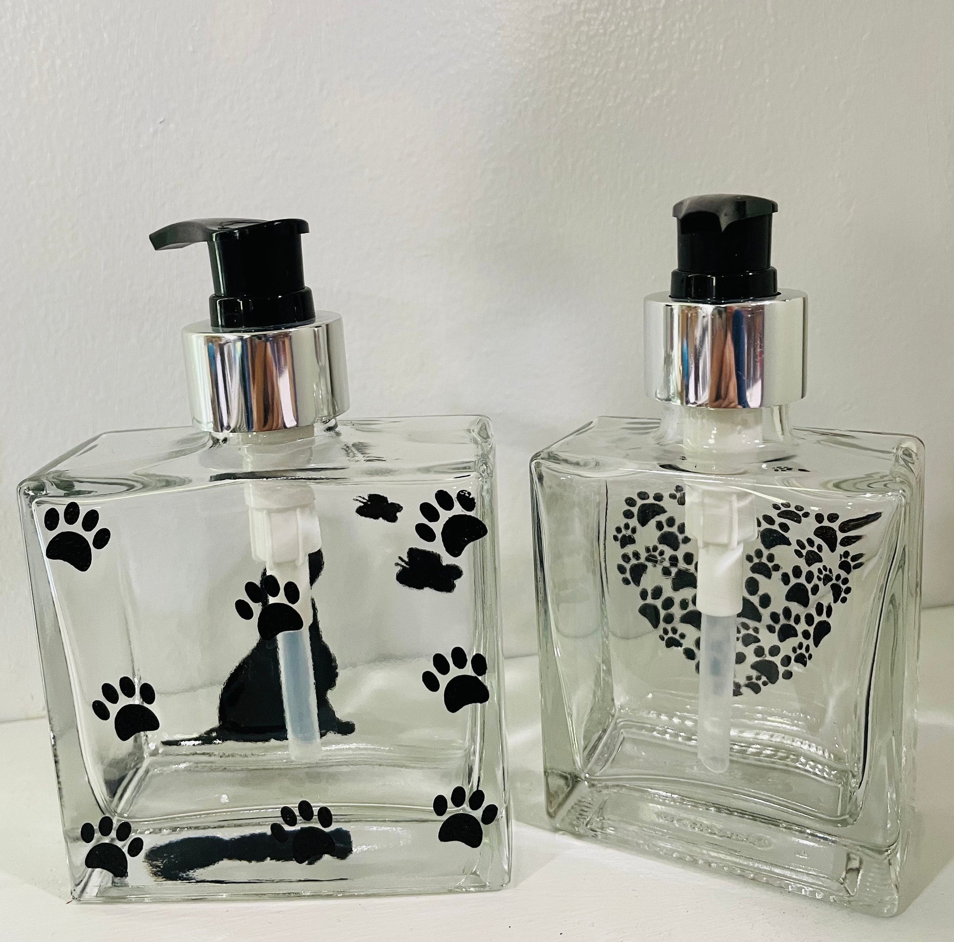 Gift set Dog with butterflies Soap Dispenser plus 5 oz paw print dispenser Refillable Bottle, Glass Bathroom Kitchen hand painted