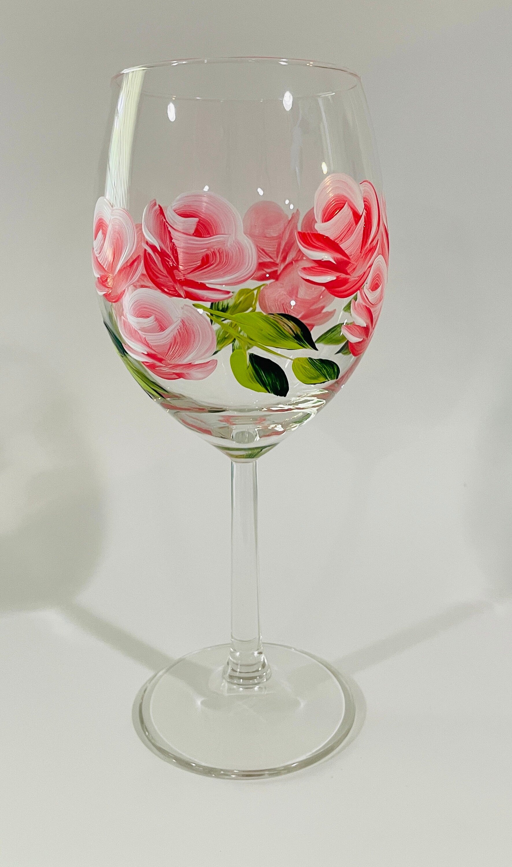 Pink Roses around Wine Glasse Dozen Roses around stemmed 15 oz wine glass discounts for 2 or more