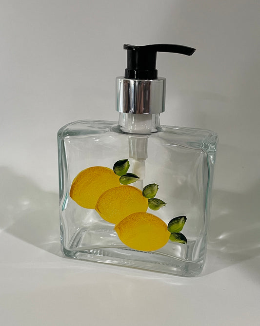 Lemon Soap Dispenser 8 oz, hand painted glass dispenser with pump