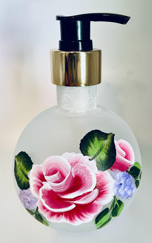 Ball Glass Soap or lotion Dispenser pink rose 8.5 oz round recycled glass