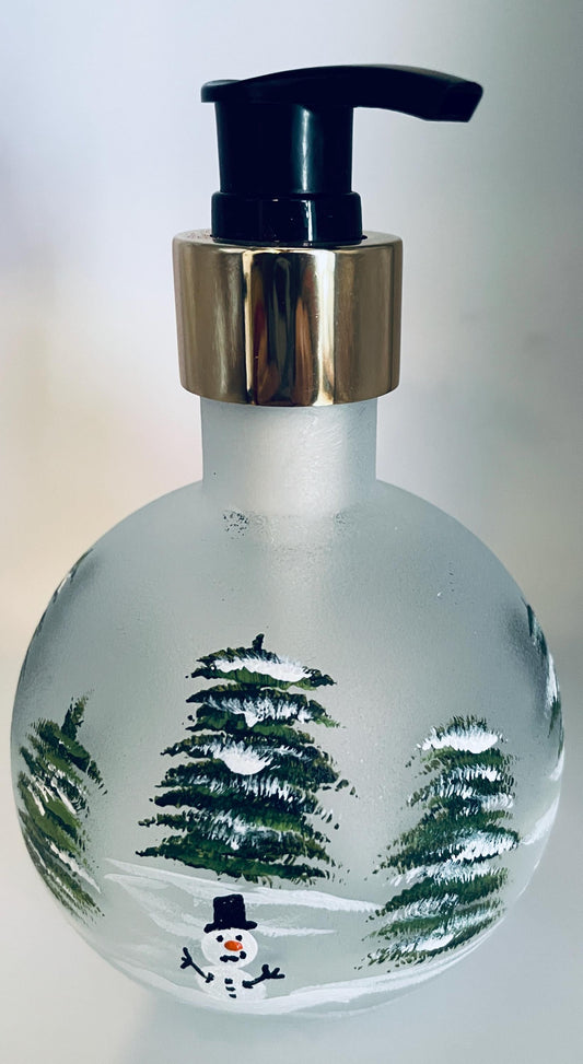 Ball Glass Soap or lotion Dispenser with tiny snowmen and trees on frosted ball glass dispenser