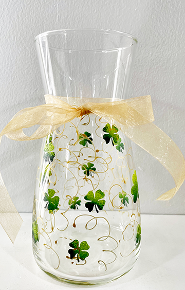 St. Patrick's Day Vase Hand Painted Green shamrocks and golden swirls