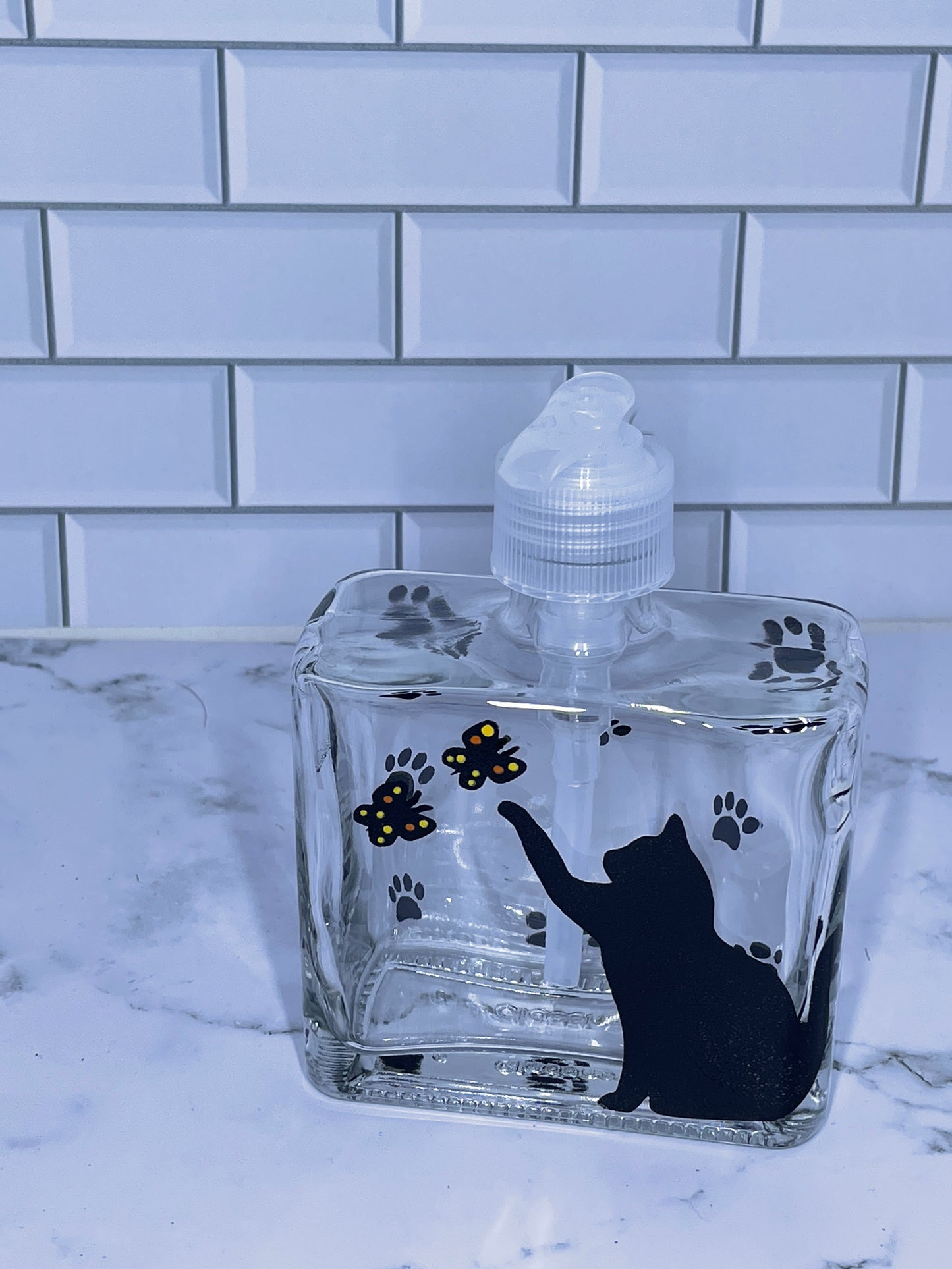 Soap dispenser with Cat and butterflies Refillable glass dispenser
