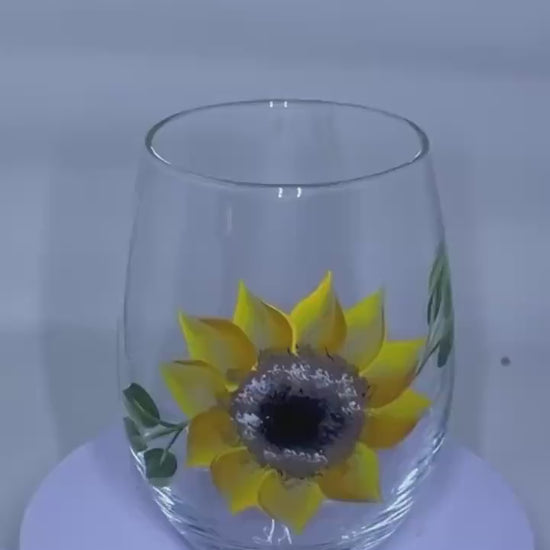 Single Sunflower 15oz.stemless wine glass  single sunflower flower on front of glass hand painted