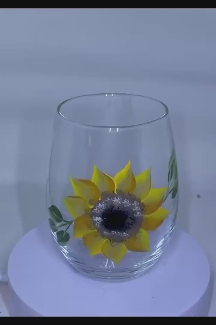 Single Sunflower 15oz.stemless wine glass  single sunflower flower on front of glass hand painted