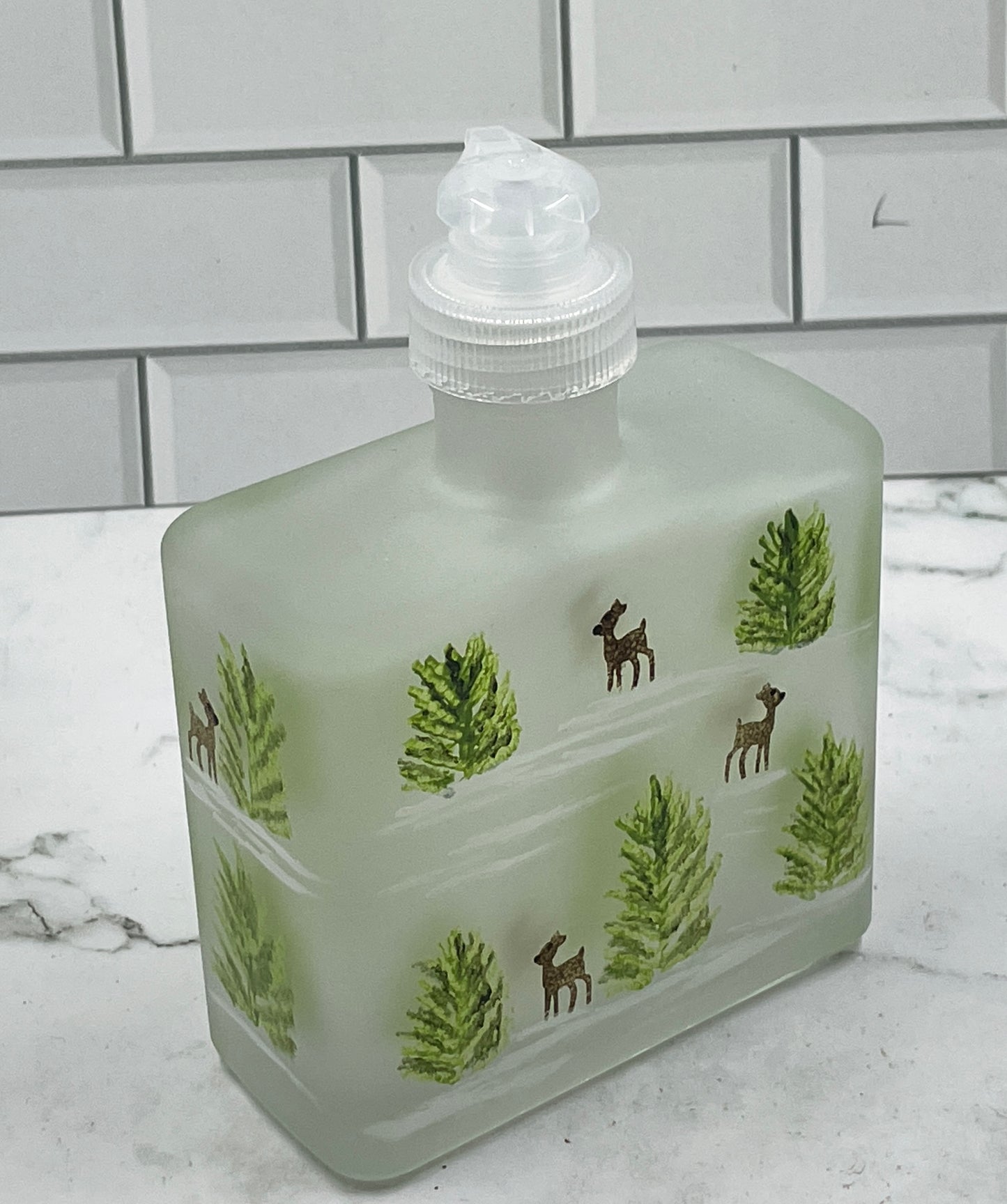 Reindeer winter scene Snow, Trees and tiny reindeer Frosted Soap Dispenser Lotion Dispenser