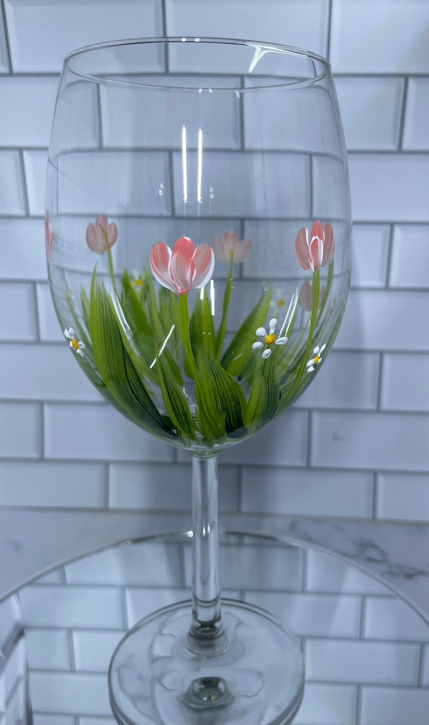 Hand Painted Stemmed Wine Glass - Pink Tulips and White Daisies - 15 oz