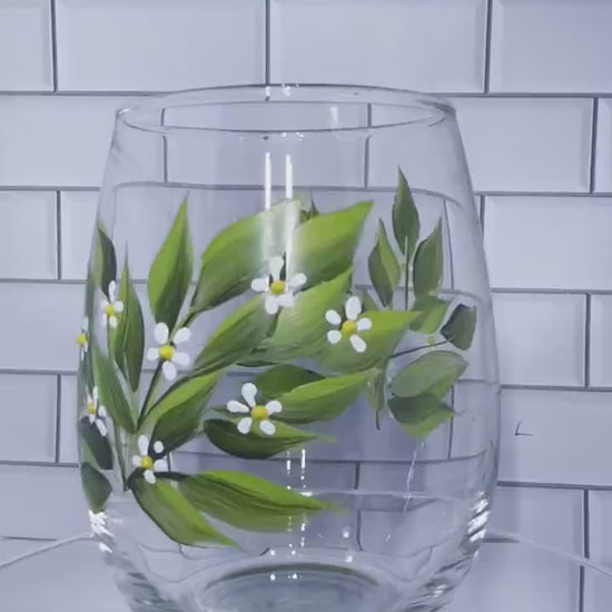 White flower hand painted stemless wine glass 15 oz