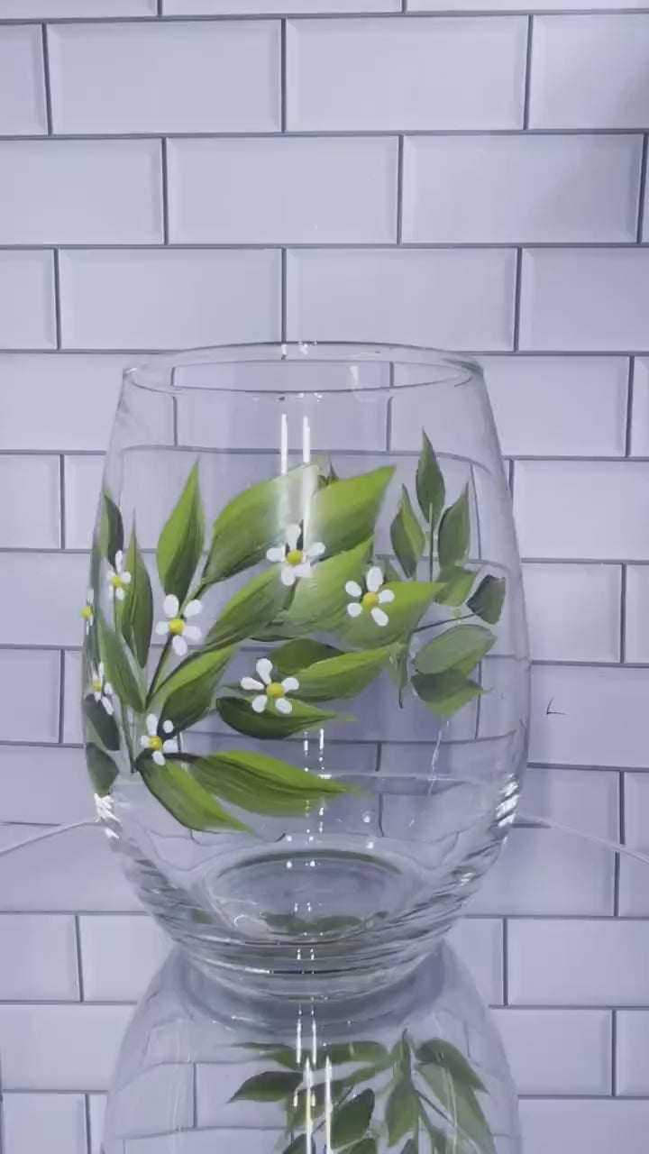 White flower hand painted stemless wine glass 15 oz