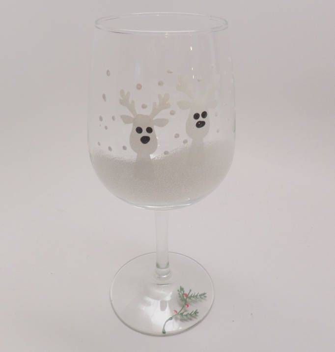 Hand Painted 15 oz Reindeer in Snow Wine Glass with Stem or Stemless