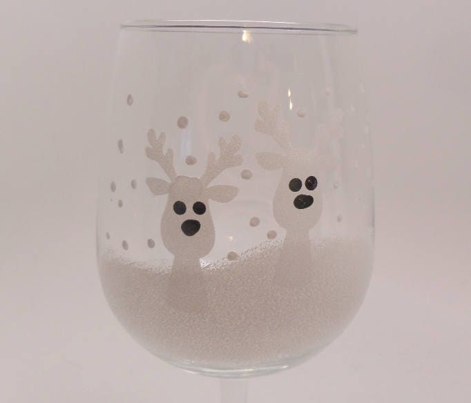 Hand Painted 15 oz Reindeer in Snow Wine Glass with Stem or Stemless