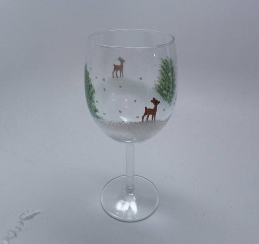 Hand Painted Wine Glasses -  Christmas Holiday Reindeer with trees Great Gift available as 10 oz Stemmed or 15 oz Stemmed Wine Glass