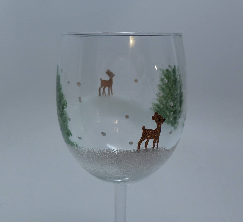 Hand Painted Wine Glasses - Christmas Holiday Reindeer with trees Great Gift available as 10 oz Stemmed or 15 oz Stemmed Wine Glass