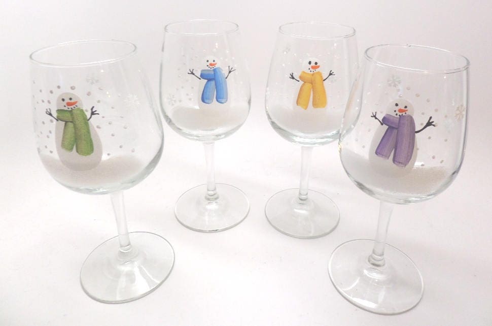 Hand Painted Wine Glass with Snowman in yellow, green, blue or purple scarf