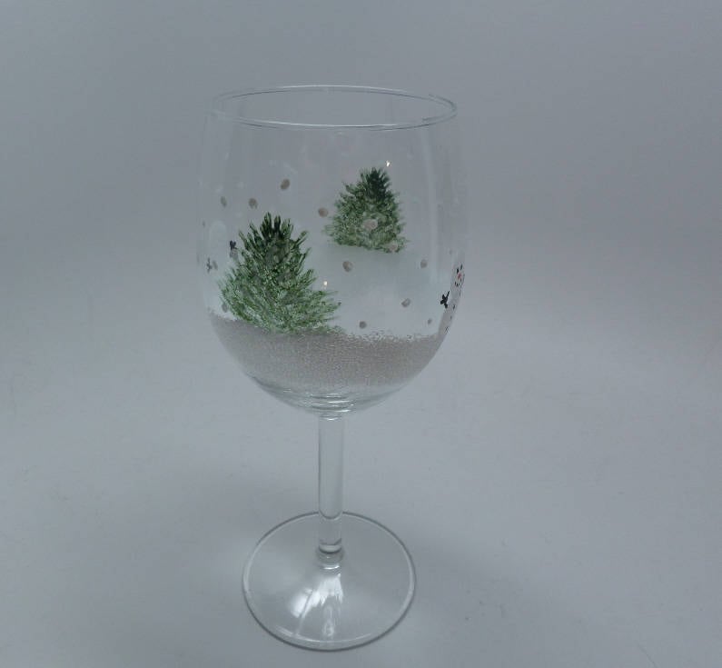 Hand Painted Wine Glasses -  15 oz Christmas Holiday Snowman with trees Great Gift