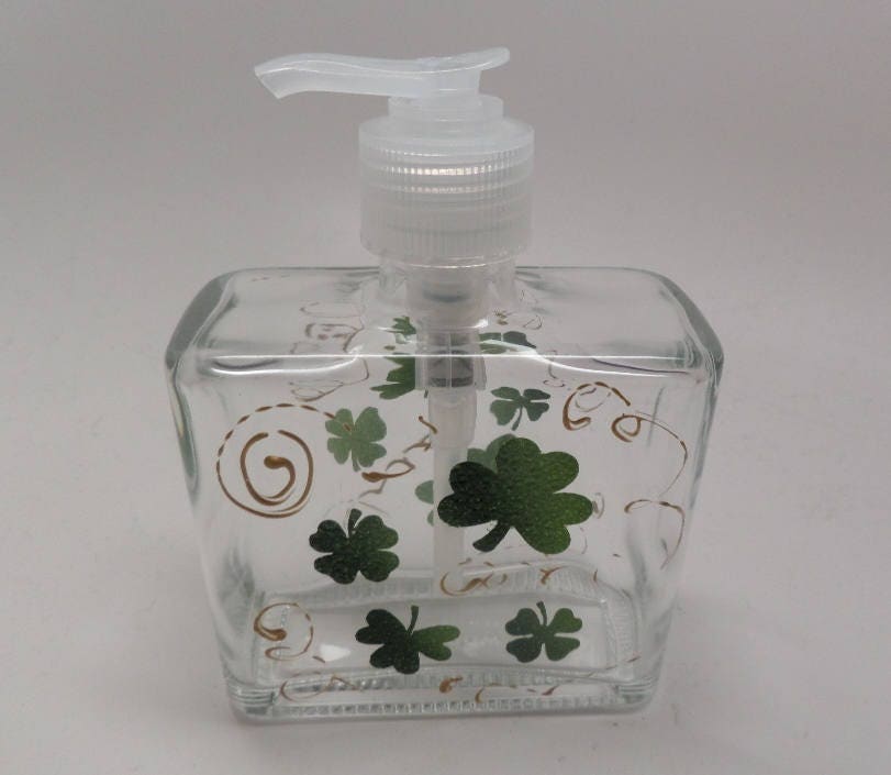 St. Patrick's Day Soap or Lotion Dispenser with Green Clover and Golden Swirls hand painted choose from plastic or stainless steel pump