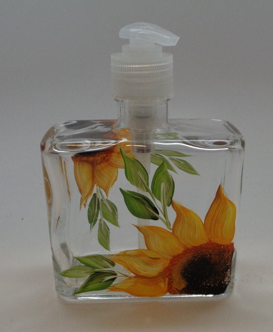 Sunflower Soap Dispenser Hand Painted 8.5 0z glass dispenser