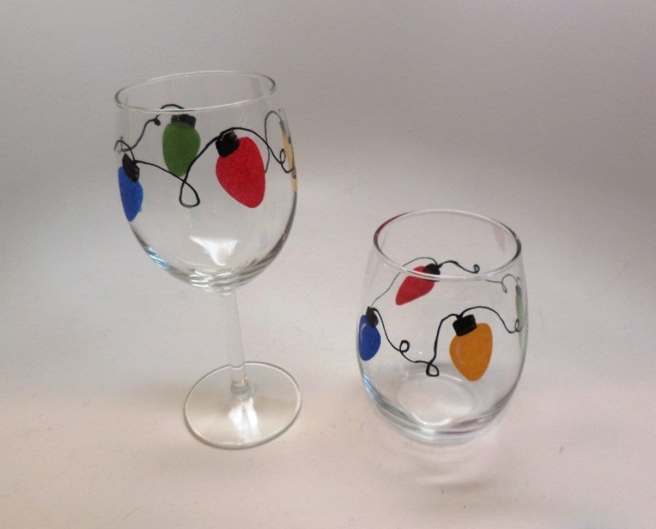 Hand Painted Christmas Lights Wine Glasses, Stemmed or stemless, Holiday Gift, Painted Wine Glass, Holiday Decor