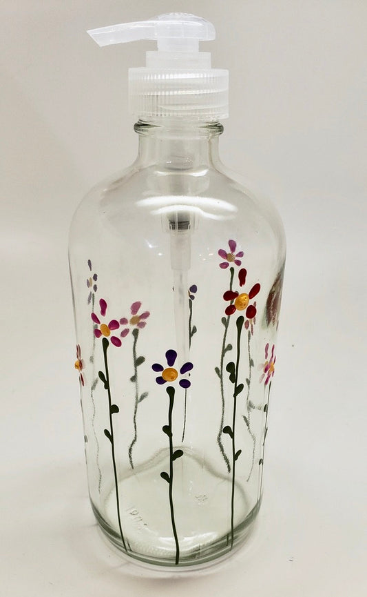 Hand Painted 16 oz Soap Dispenser with Red, Pink and Purple flowers available with plastic or stainless steel pump
