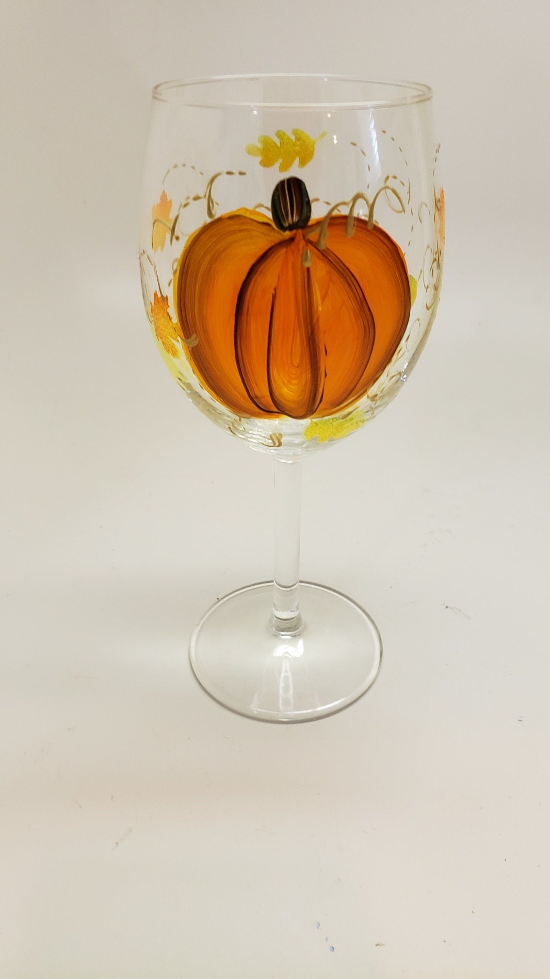 Hand Painted Wine Glasses with Pumpkin and fall leaves and golden swirls