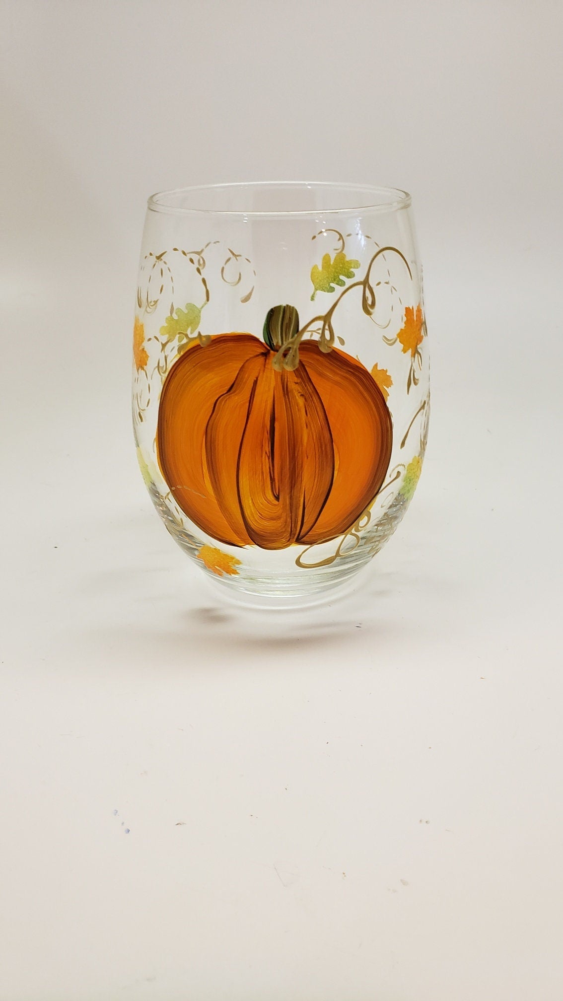Hand Painted Wine Glasses with Pumpkin and fall leaves and golden swirls