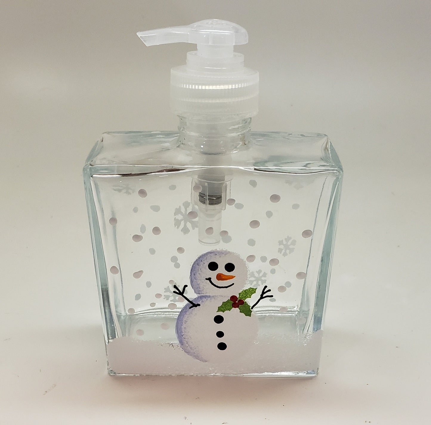 Soap Dispenser or Lotion Dispenser Hand Painted Snowman with Holly