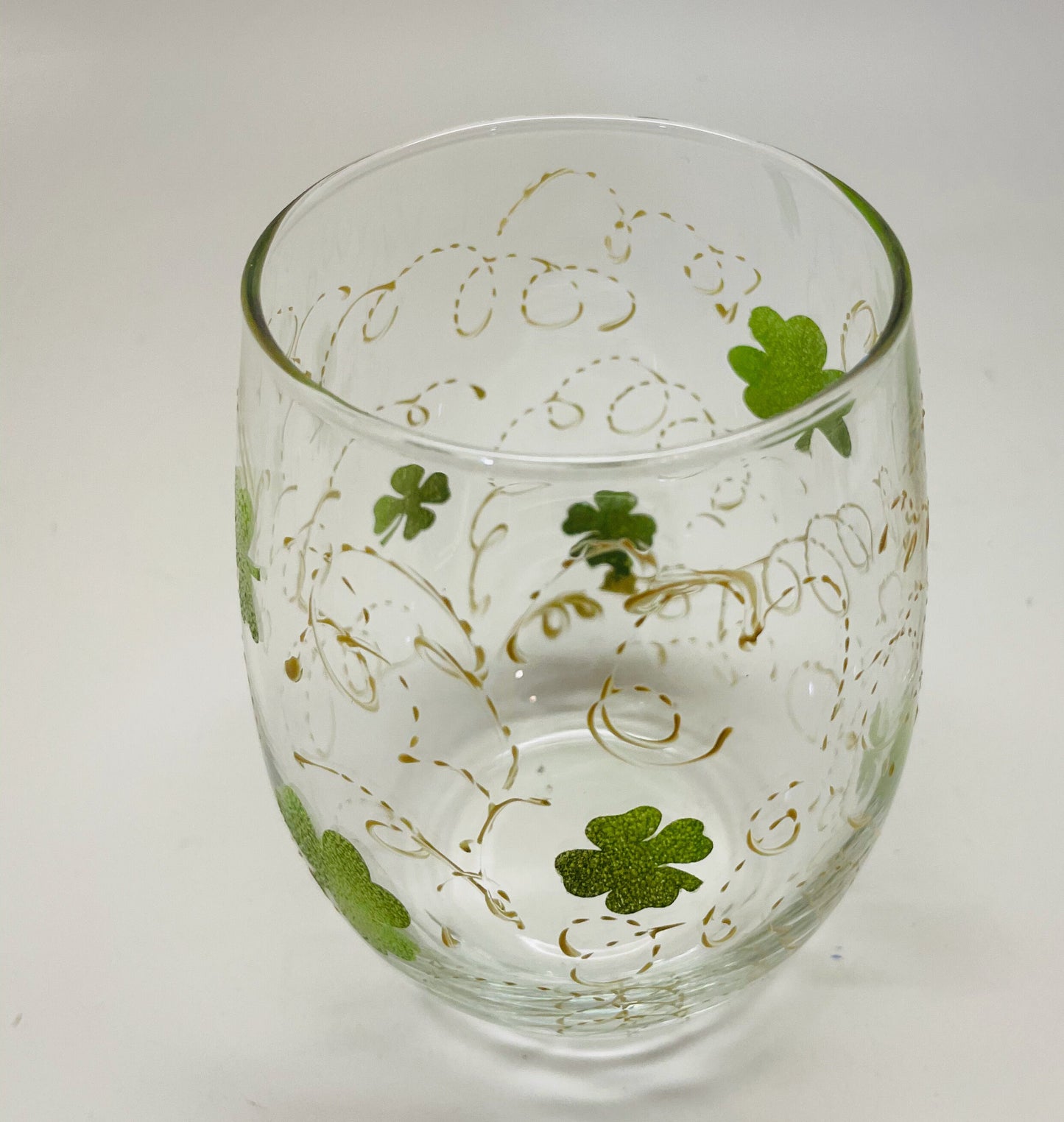 St. Patricks Day Clovers and Gold Swirls, Hand Painted Glassware, Gift for her, Gift for Friend, Housewarming, Party glassware