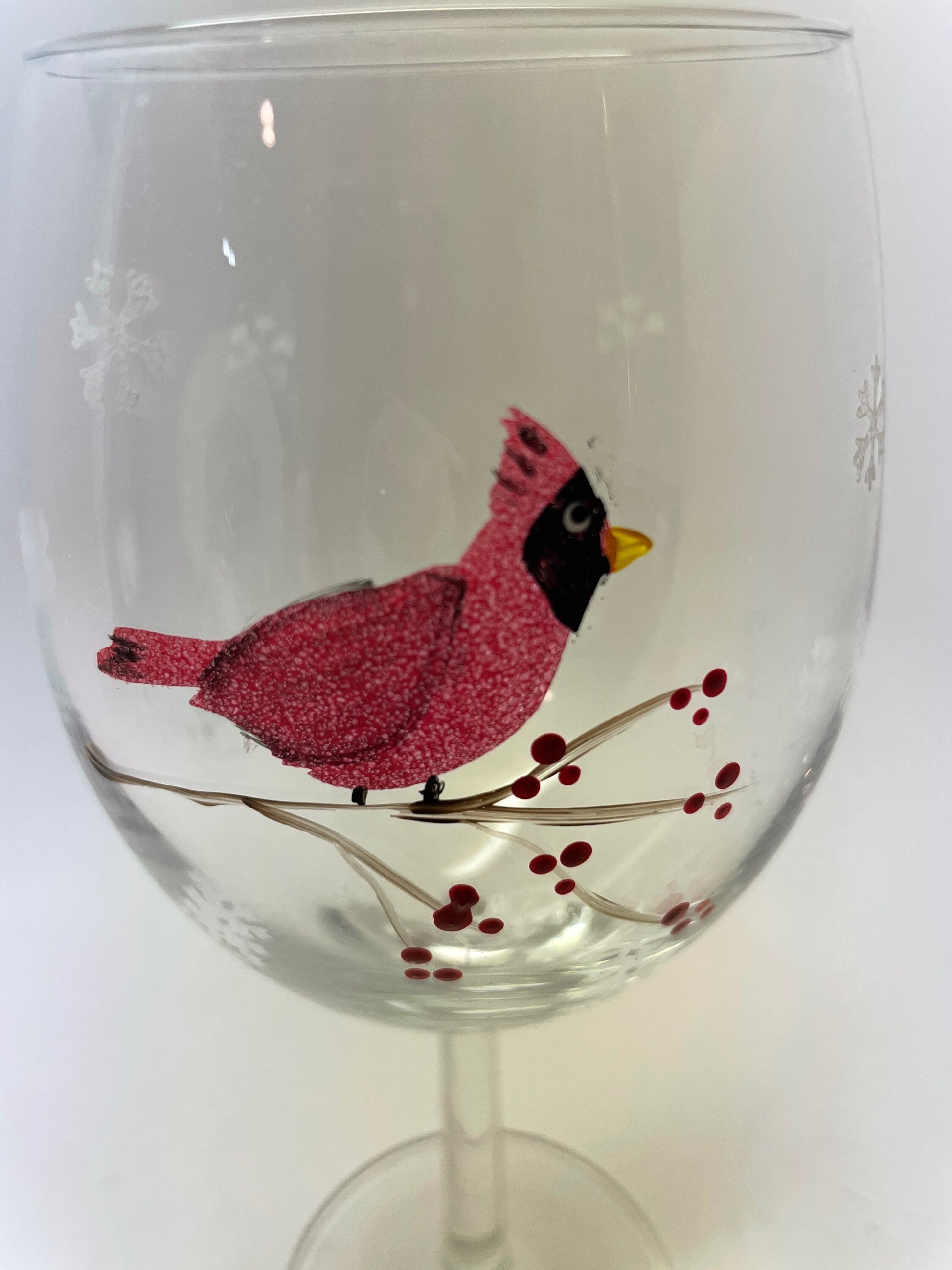 Holiday Cardinal Wine Glasses 15 oz stemmed and 15 oz stemless Hand Painted