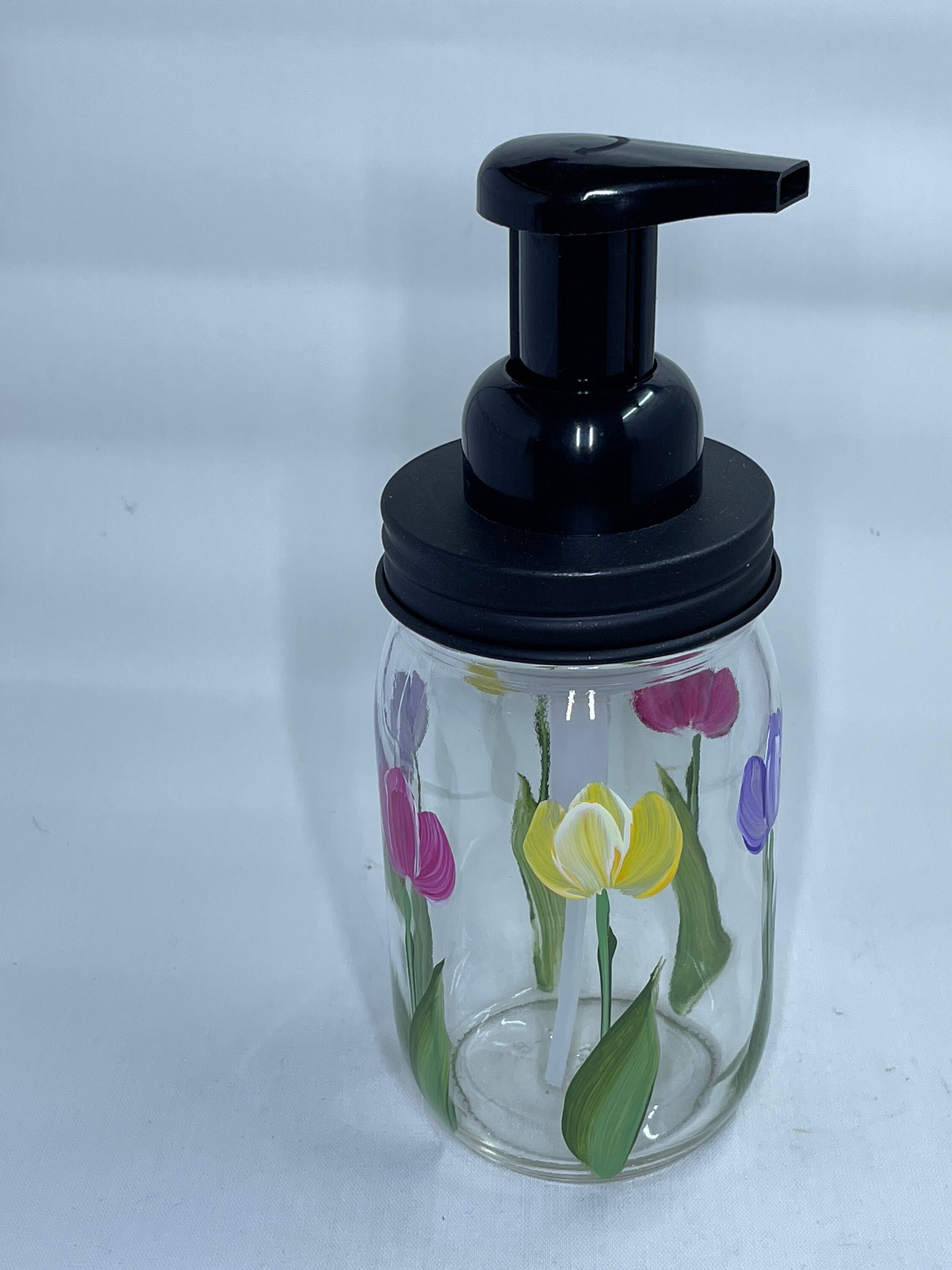 Spring Tulips Hand Painted on 16 oz Mason Jar with choice of foaming or stainless steel pump. Hand Painted