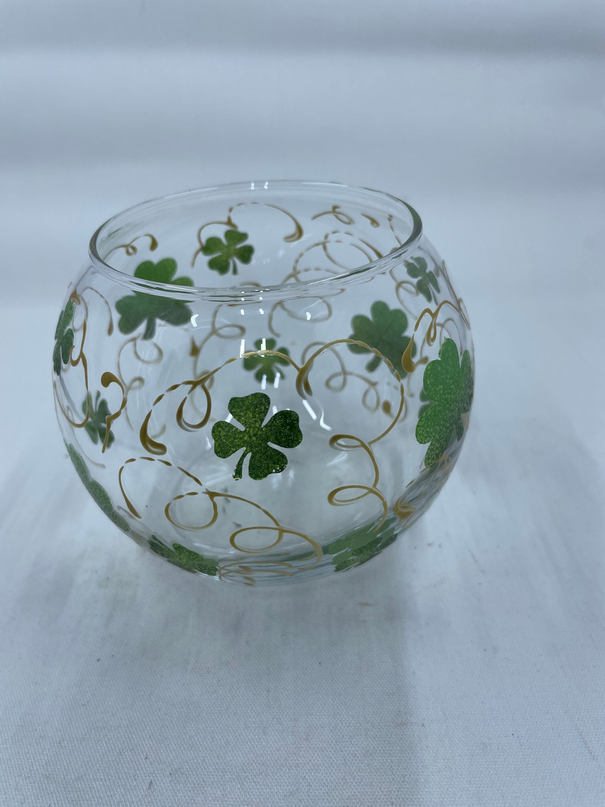 Hand Painted Round Candleholder for St. Patrick’s Day with clover